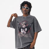 【NEATMOA】Mens Street Style Graphic T Shirt Gray Crew Neck Tee with Angel Wings and StreetsTeam Print Short Sleeve Summer Top